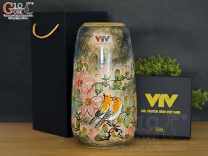 Lọ hoa dáng chuông cao men tấm vẽ Chim Hoa in logo VTV, cao 30cm