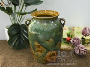 Lọ hoa dáng vò có quai men ngọc lục bảo, cao 20cm