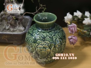 Lọ hoa dáng vò khắc hoa Mẫu Đơn, cao 20cm