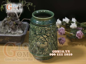 Lọ hoa dáng vò khắc hoa Mẫu Đơn viền cổ, cao 29cm