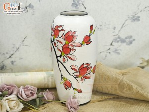 Lọ hoa dáng vò men kem vẽ hoa lan đỏ cao 28cm