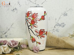 Lọ hoa dáng vò men kem vẽ hoa lan đỏ cao 28cm