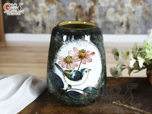 Lọ hoa dáng chuông men màu vẽ Chim Hoa, cao 19cm