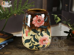 Lọ hoa dáng vò men màu vẽ hoa cánh hồng, cao 19cm