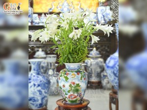 Bảo bình phong thủy men màu vẽ ngàn hoa, cao 36cm