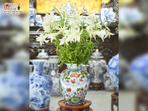 Bảo bình phong thủy men màu vẽ ngàn hoa, cao 36cm