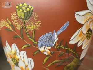 Lọ hoa dáng vò tròn gốm đất đỏ khắc Chim Hoa, cao 35cm