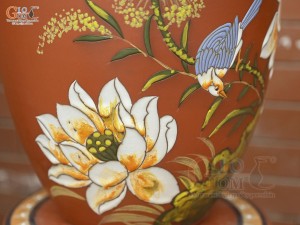 Lọ hoa dáng vò tròn gốm đất đỏ khắc Chim Hoa, cao 35cm