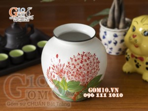 Lọ hoa dáng vò tròn họa tiết hoa sống đời, cao 21cm