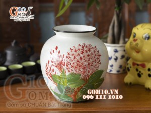 Lọ hoa dáng vò tròn họa tiết hoa sống đời, cao 21cm