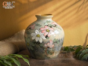 Lọ hoa dáng vò tròn men màu vẽ hoa, cao 18cm