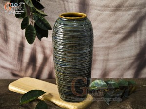 Lọ hoa dáng bom cổ nhỏ vân sóng màu rêu, cao 31cm