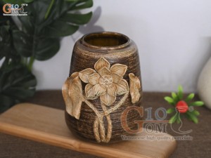 Lọ hoa gốm dáng chum đắp nổi hoa Sen nâu ganh, cao 18cm