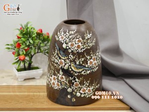 Lọ hoa gốm dáng chuông họa tiết Chim Hoa, cao 27cm