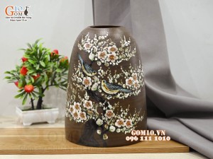 Lọ hoa gốm dáng chuông họa tiết Chim Hoa, cao 27cm