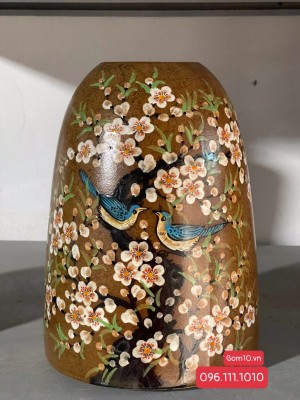 Lọ hoa gốm dáng chuông béo vẽ Chim Hoa, cao 27cm