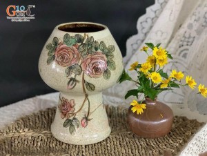 Lọ hoa gốm dáng ly khum vẽ hoa màu sữa, cao 26cm