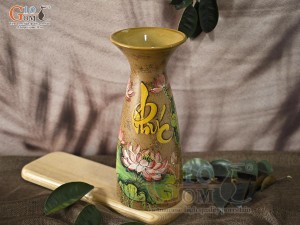 Lọ hoa gốm dáng miệng loe chữ Phúc vẽ hoa Sen, cao 29,5cm