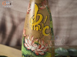 Lọ hoa gốm dáng miệng loe chữ Phúc vẽ hoa Sen, cao 29,5cm