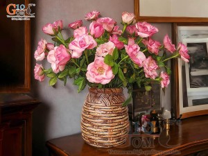 Lọ hoa gốm dáng nan mây màu nâu, cao 17cm