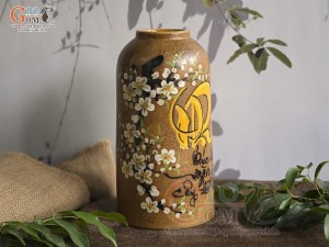 Lọ hoa gốm dáng ống trụ vẽ chữ Phúc, cao 26cm