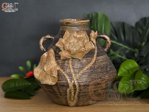Lọ hoa gốm dáng rỏ cua đắp nổi hoa Sen, cao 20cm