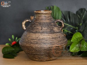 Lọ hoa gốm dáng rỏ cua đắp nổi hoa Sen, cao 20cm