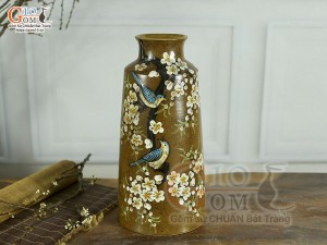 Lọ hoa gốm dáng trụ cổ nhỏ vẽ Chim Hoa, cao 33cm