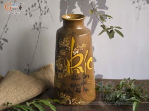 Lọ hoa gốm dáng trụ cổ nhỏ vẽ chữ Phúc, cao 33cm