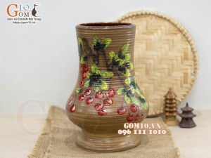 Lọ hoa gốm dáng trụ họa tiết chùm Cherry, cao 26cm