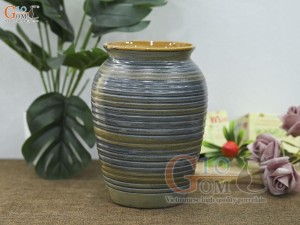 Lọ hoa gốm dáng vò hồng bé vân sóng, cao 20cm