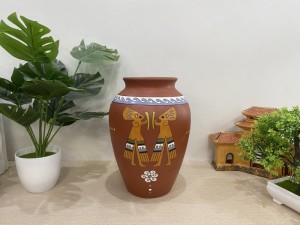 Lọ hoa gốm đất đỏ dáng lu khắc thổ cẩm cao 26cm