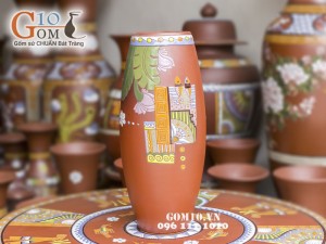 Lọ hoa gốm đất đỏ dáng ống vẽ chuối