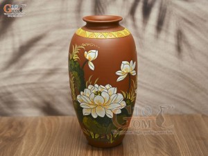 Lọ hoa gốm đất đỏ dáng soài khắc Song Hạc Liên Hoa, cao 40cm