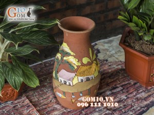 Lọ hoa gốm khắc nổi cảnh đồng quê 43cm