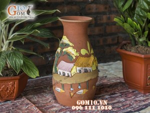 Lọ hoa gốm khắc nổi cảnh đồng quê 43cm