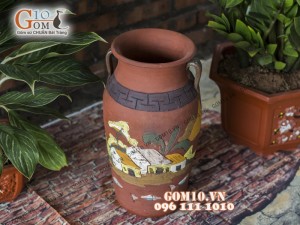 Lọ hoa gốm khắc nổi cảnh đồng quê, có quai - cao 43cm