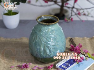 Lọ hoa lá chuồn men hỏa biến lam ngọc, cao 20cm