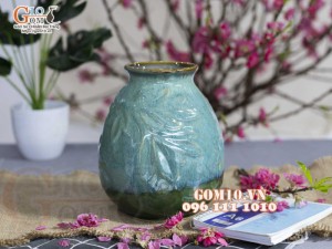 Lọ hoa lá chuồn men hỏa biến lam ngọc, cao 20cm