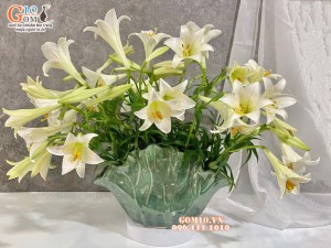 Lọ hoa lá sen men hỏa biến xanh ngọc, cao 23cm