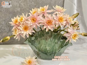 Lọ hoa lá sen men hỏa biến xanh ngọc, cao 23cm