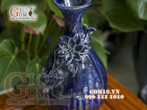 Lọ hoa ly men hỏa biến đắp nổi cánh hoa - bọc đồng, cao 31cm