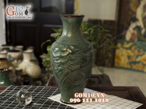 Lọ hoa men cổ dáng béo khắc lá xanh 45cm