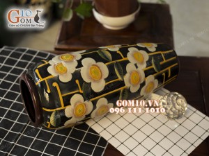 Lọ hoa men cổ dáng thon khắc hoa vàng 43cm