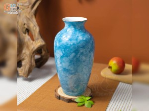 Lọ hoa men đá dáng chân thon màu xanh thiên thanh kẻ chỉ vàng kim, cao 28cm