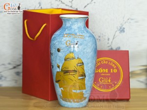 Lọ hoa men đá dáng chân thon màu xanh thiên thanh Quà Tặng Giải Cầu Lông Gốm 10, cao 28cm