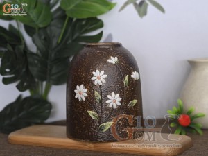 Lọ hoa men gốm dáng chuông đắp hoa cúc hoạ mi, 18cm