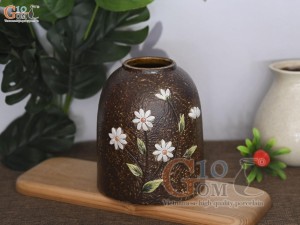 Lọ hoa men gốm dáng chuông đắp hoa cúc hoạ mi, 18cm
