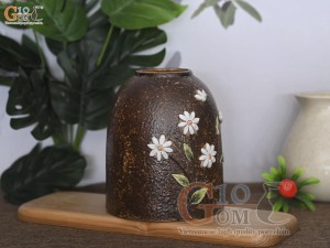 Lọ hoa men gốm dáng chuông đắp hoa cúc hoạ mi, 18cm