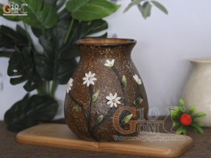 Lọ hoa men gốm miệng loe đắp hoa cúc hoạ mi, cao 19cm